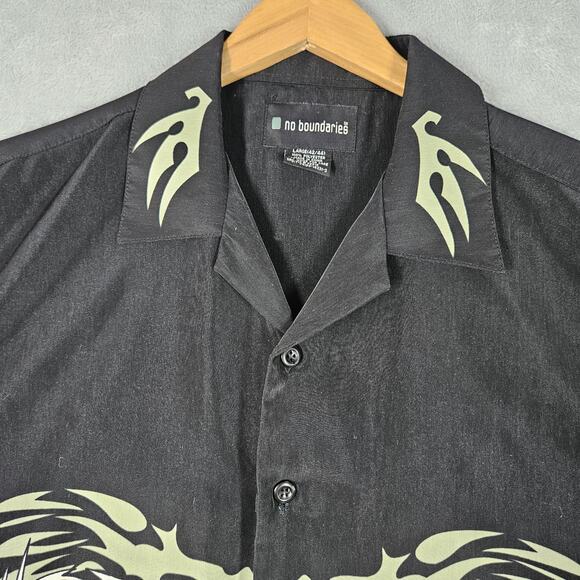 Vintage No Boundaries Y2K Button Down Shirt Mens L Dragon Print Black Grunge - Picture 2 of 10